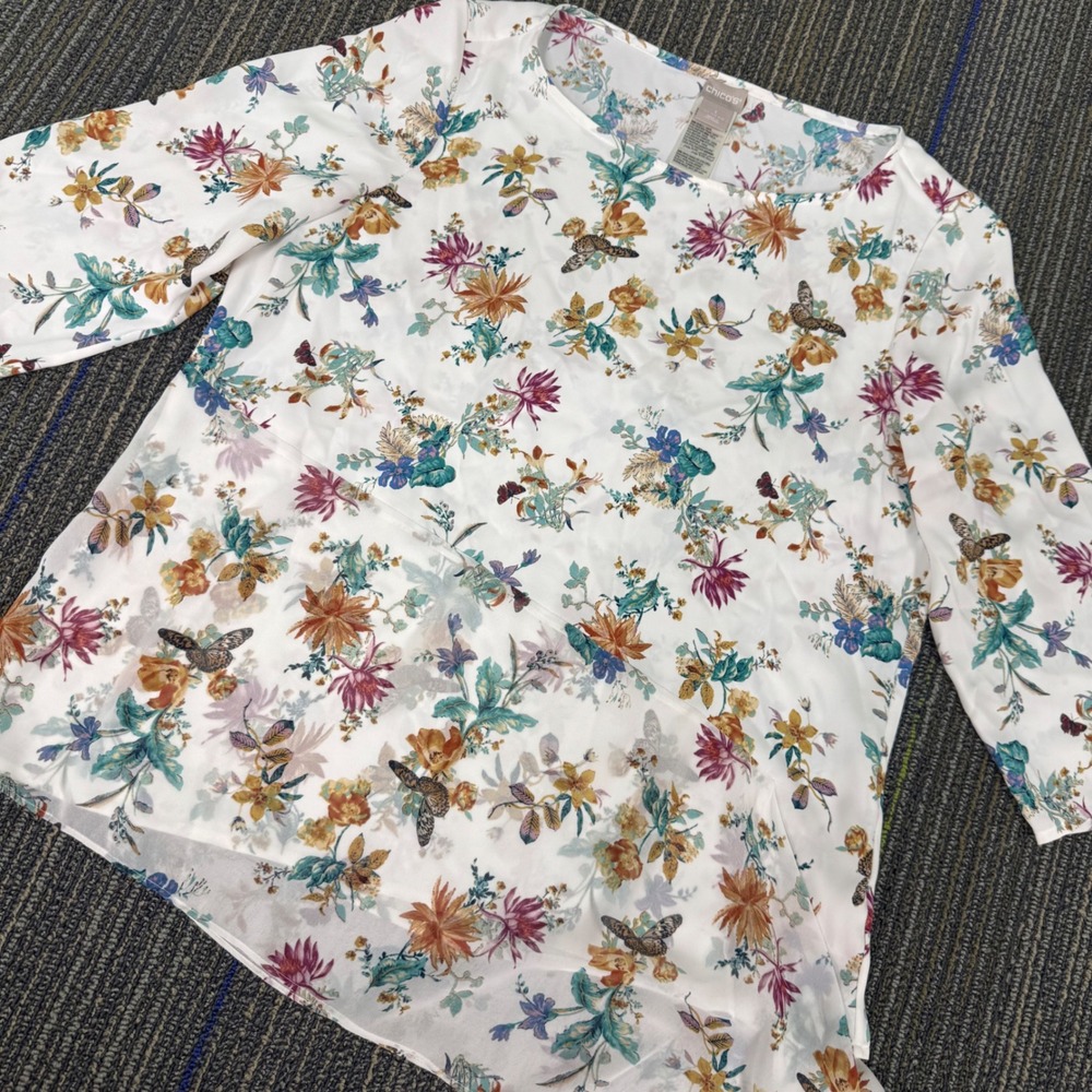 Chico's Asymmetrical Floral Butterfly Blouse Women 1 M White Exc 3/4 Sleeve